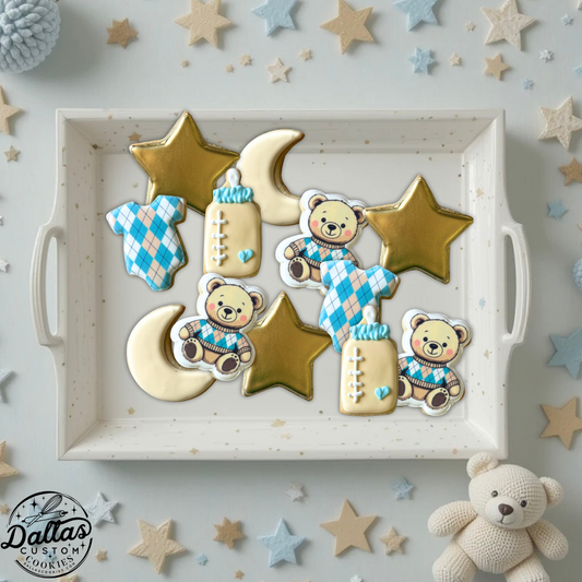Onesie + Bottle + Gold Star + Moon + Custom Teddy Bear Baby Shower Cookies Set--12 Count