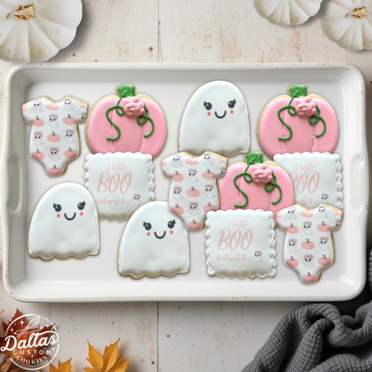 Pink Girl Cute Ghosts & Onesie Halloween Pumpkin Baby Shower Cookies A Little Boo is Due--12 Count