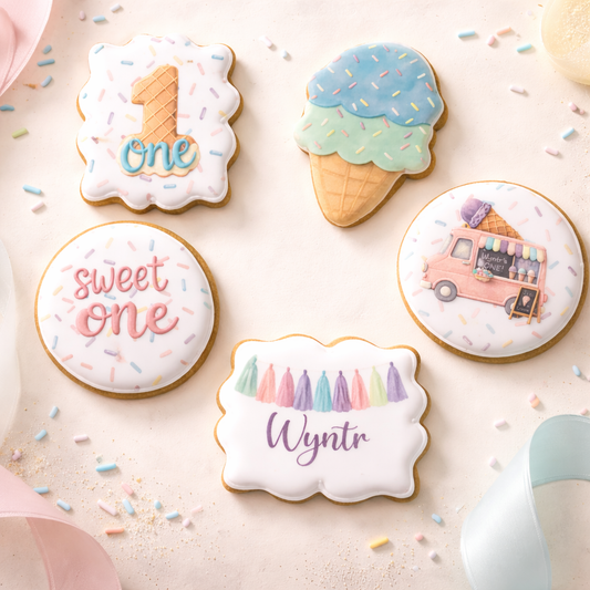 Custom Printed "Sweet One" Ice Cream Cone Truck One First Birthday Cookies -12 Count