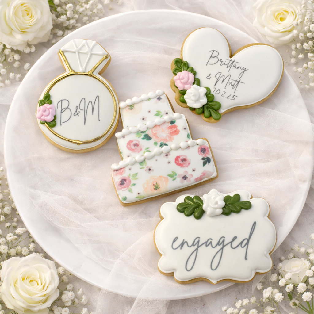 4 Design Engaged Wedding Set w/pink accents : Floral Heart, Plaque, Wedding Cake & Engagement Rings-- 12 Count