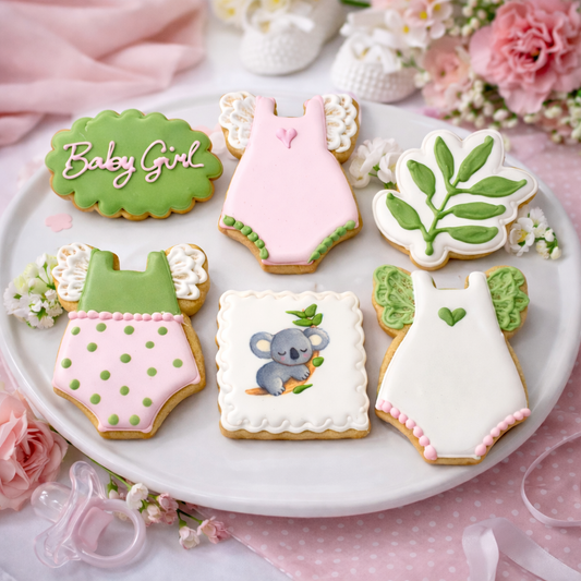 Baby Girl Lacy Onesie Baby Shower Cookie Set with Leaf Greenery & Koala Pink & Green--12 Count