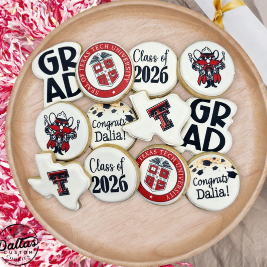 Red Raider Texas Tech Wreck 'Em Direct Printed Pre-Designed Set of Graduation Cookies--12 Count
