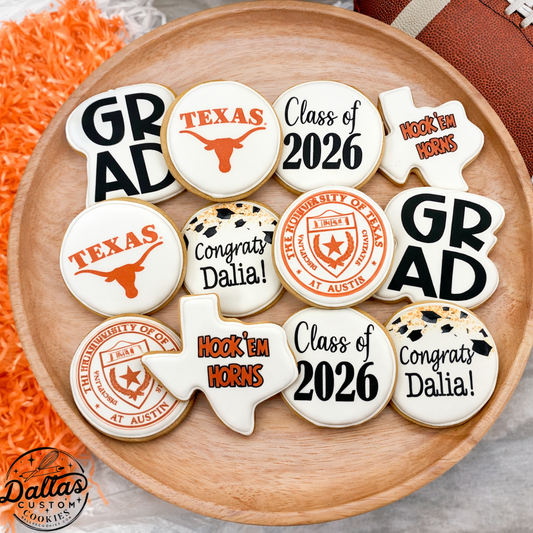 UT Austin University of Texas Longhorn Hook 'em Horns Pre-Designed Graduation Set w/customized name Cookie  -- 12 count