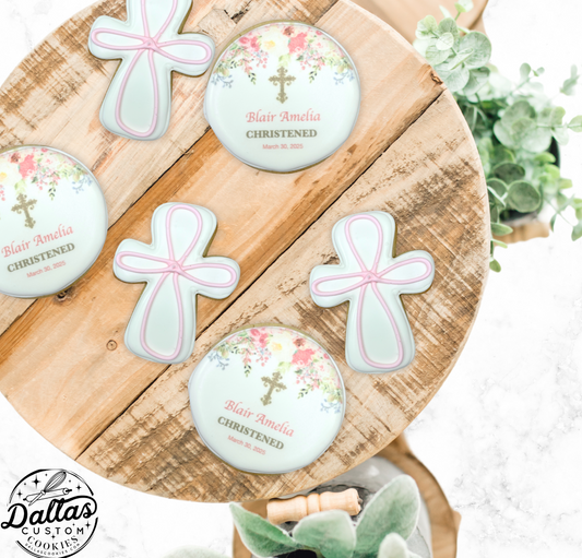 Christening Floral Baptism Cookies w/Cross--12 Count