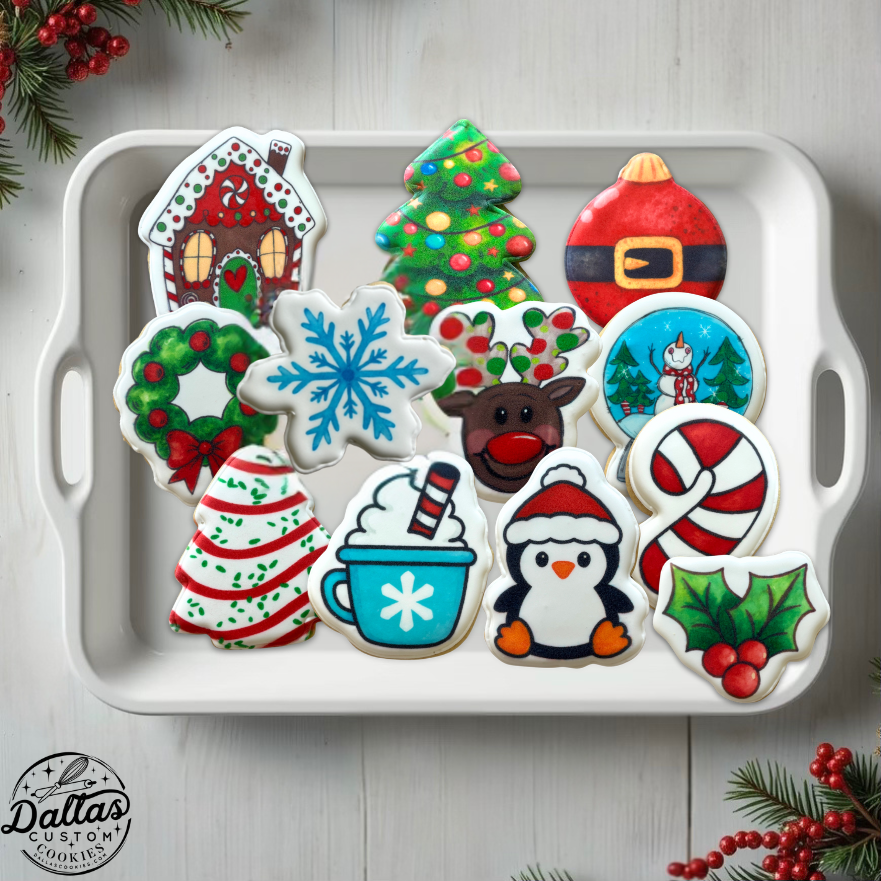 Festive Printed Christmas Holiday Cookie Gift Set – 12 Gourmet Sugar Cookies--12 Count