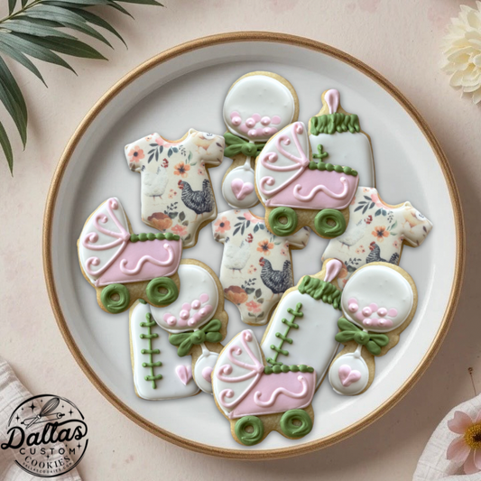 Pink & Green Modern Farmhouse Country w/cute Chicken Baby Shower Cookies--12 Count