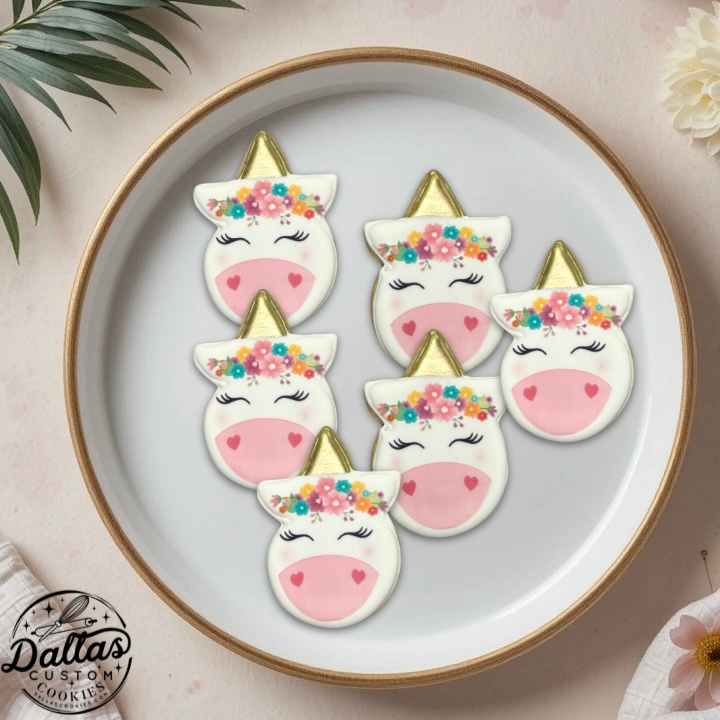 Unicorn Shaped Cookies with Gold & Floral--12 Count