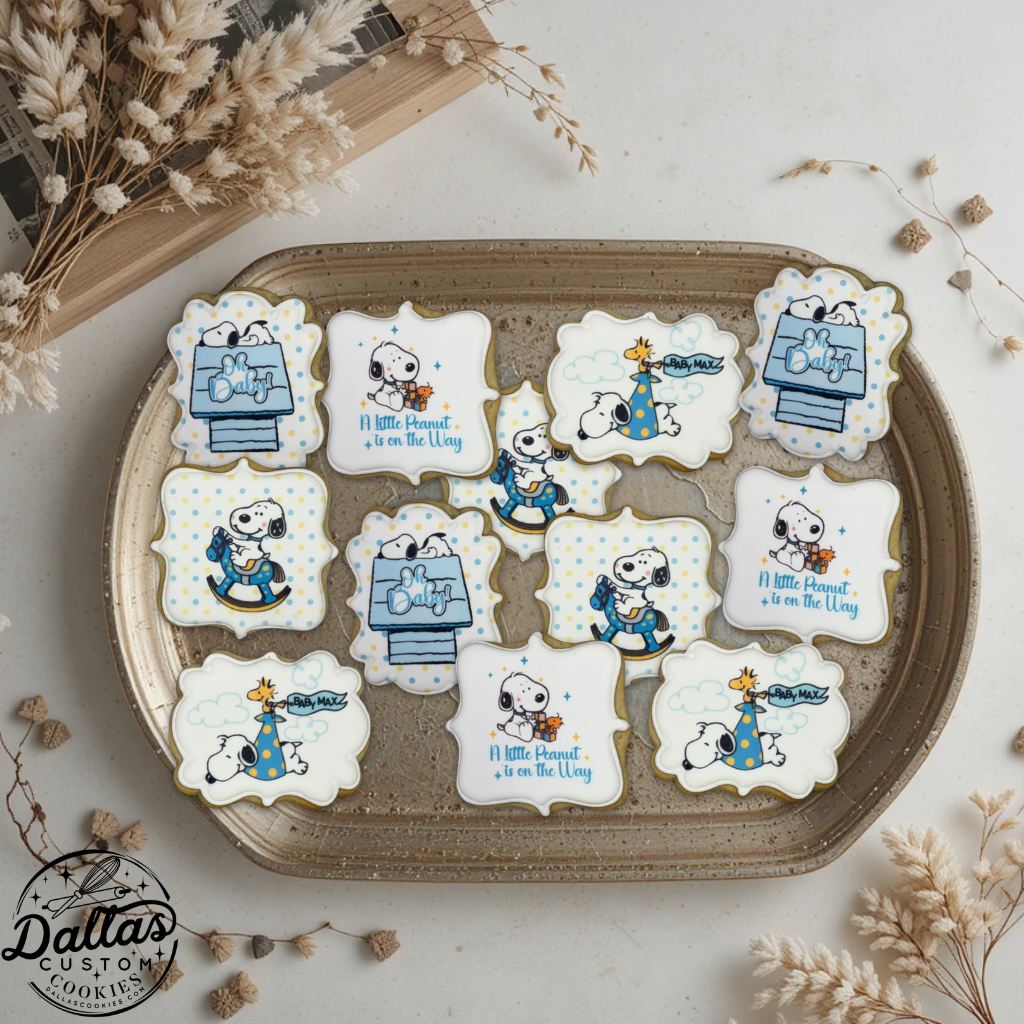 A Little Peanut is on the way Snoopy Baby Boy Baby Shower Cookies--12 Count