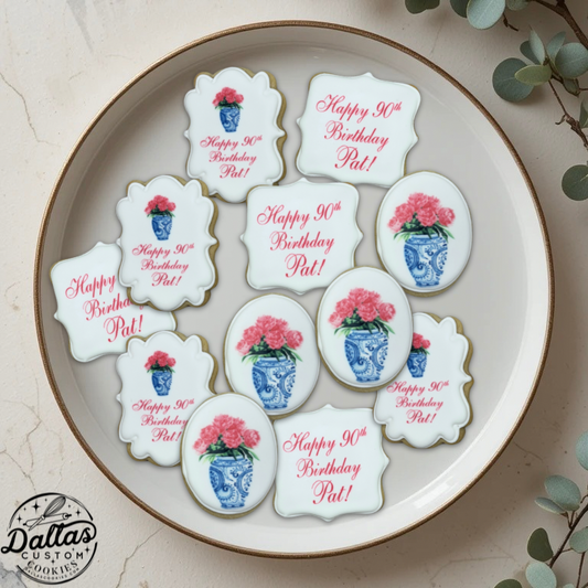 Ginger Jar Blue Floral Vase Happy Birthday Pink Birthday Party Cookies Theme -- 12 Count