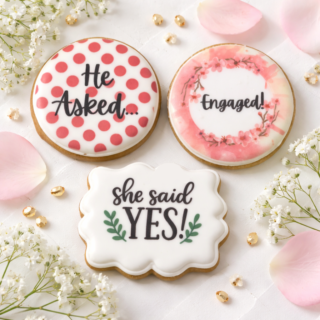 Engagement He asked She said YES Engaged Cookies w/pink accents-- 12 Count