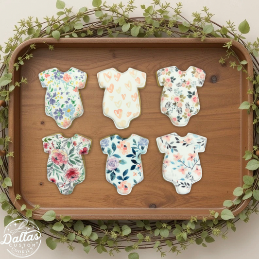 Assorted Floral & Hearts Patterned Onesie Baby Shower Cookies--12 Count