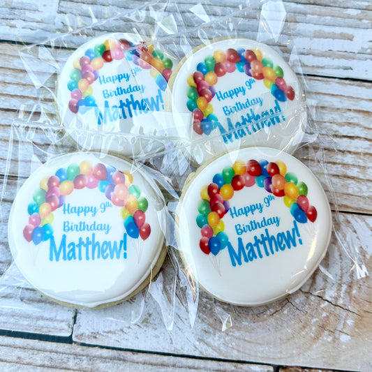 Personalized w/name and Age Colorful Balloons Banners Happy Birthday Circle Cookies--12 Count