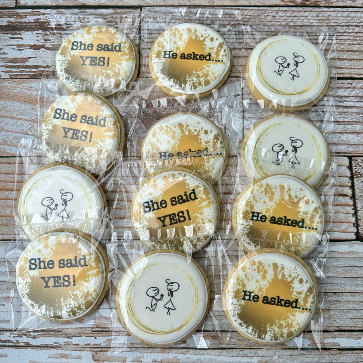Gold Neutral Colored Stick Figure Proposal He asked She said YES Circle Shaped-- 12 Count