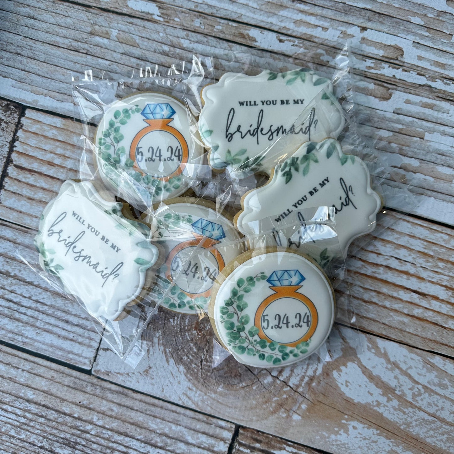 Will you be my Bridesmaid Plaque Shaped Floral Cookies + Wedding Ring on Circle w/wedding Date--12 Count