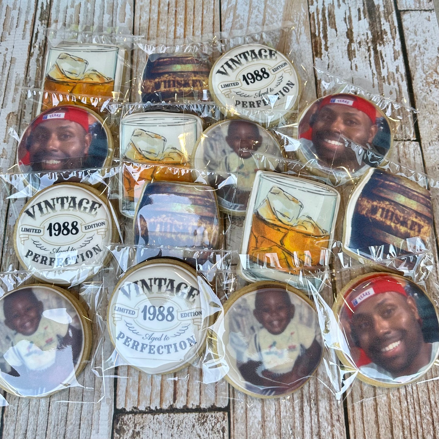 Personalized w/year & Photo Aged to Perfection Whiskey Themed Birthday Sugar Cookies--12 Count