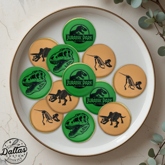 Dinosaur Jurassic Park Silhouette Green Tan Decorated Birthday Cookies--12 Count