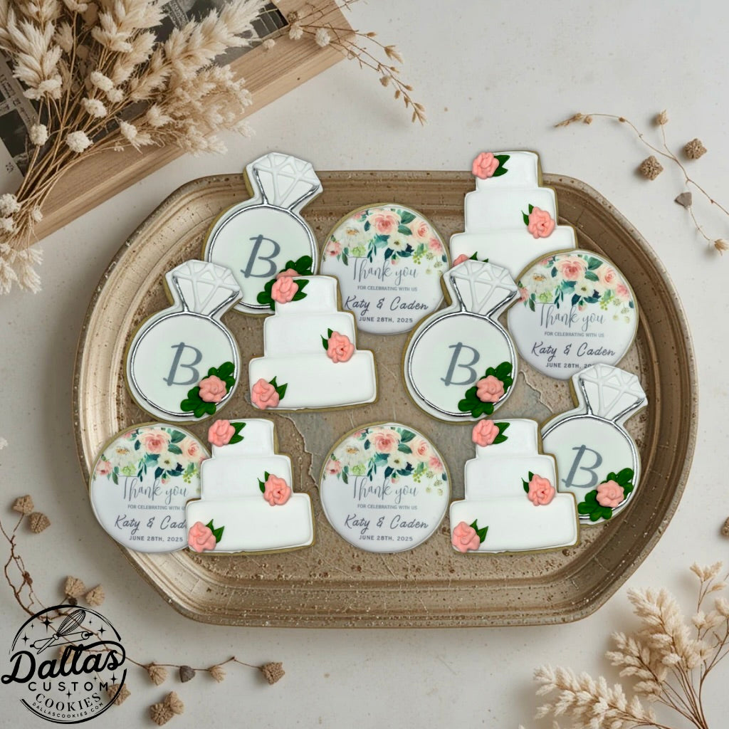 Blush Floral Hybrid Thank you for Celebrating with Us Wedding Bridal Set 3-tier cake & Engagement Rings Wedding Cookies--12 Count