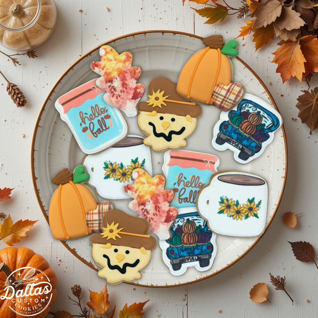 Fall Themed Cookies, Pumpkin w/plaid, Scare Crow,  Truck, Leaf, Hello Fall --12 Count