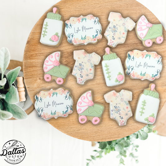 Baby Shower Cookies w/Custom Accent Colors and Name Plaque--12 Count