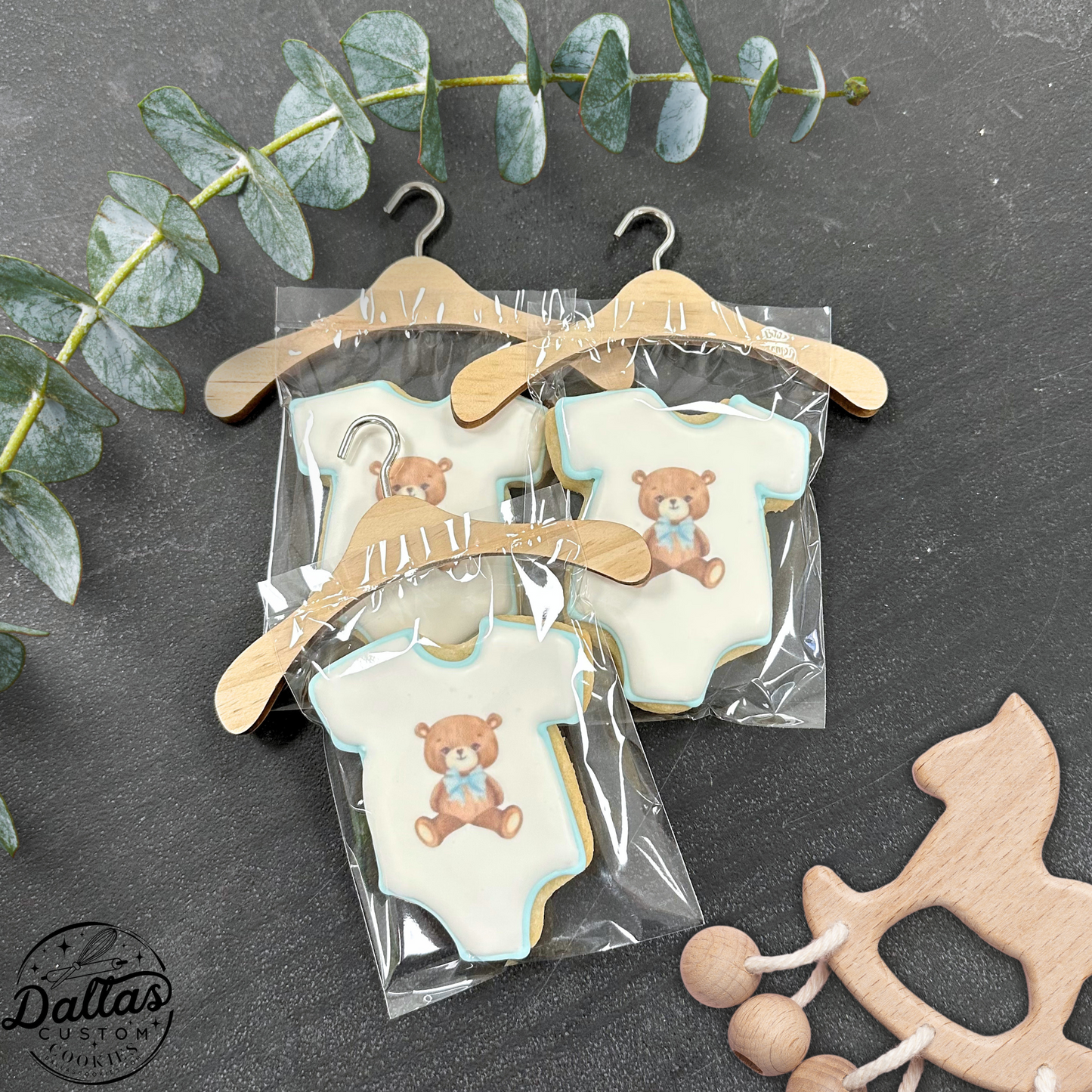 Teddy Bear Patterned Onesie w/blue Accent for Baby Shower Cookies--12 Count
