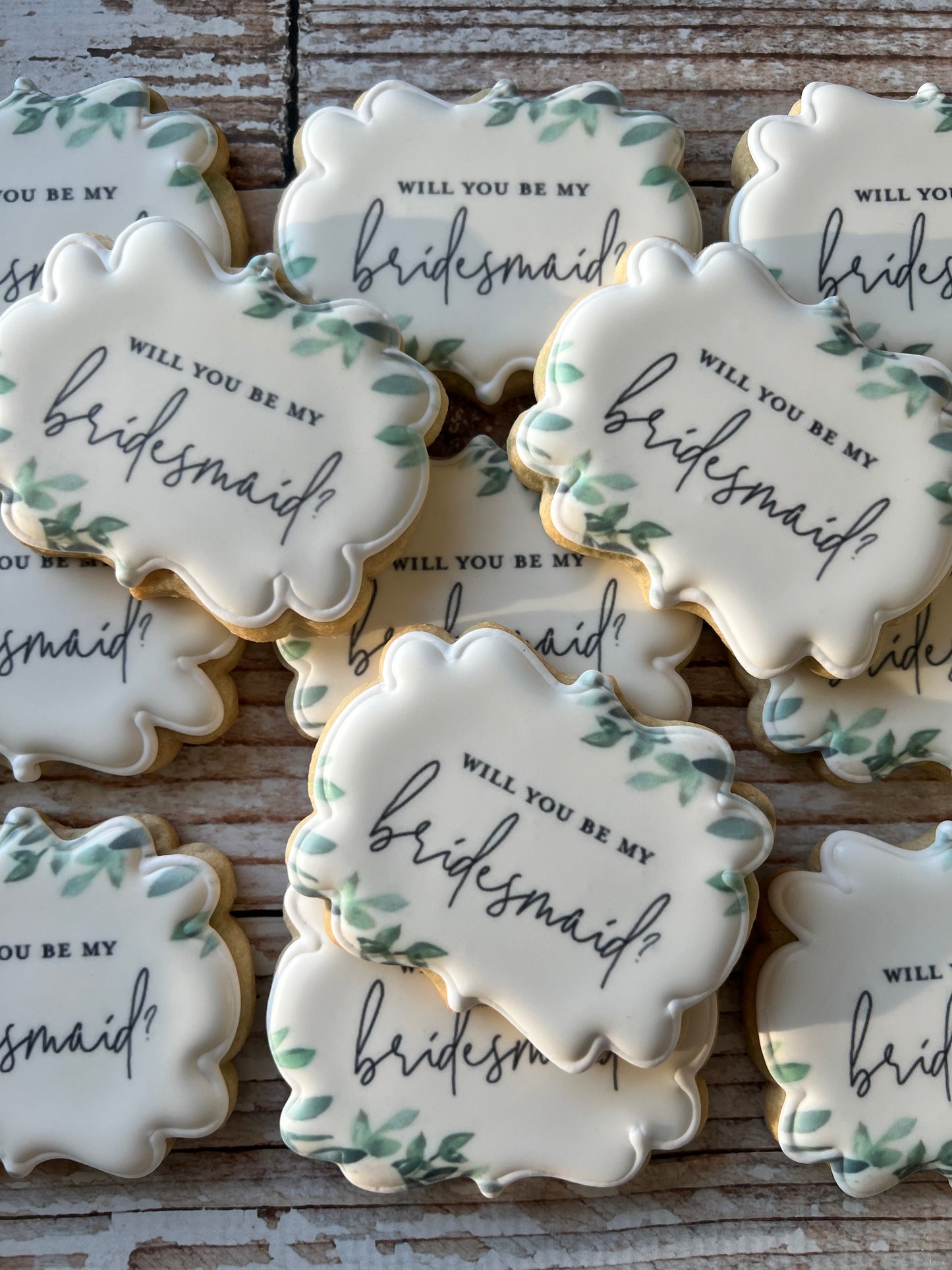 Will you be my Bridesmaid Plaque Shaped w/greenery Cookies--12 Count