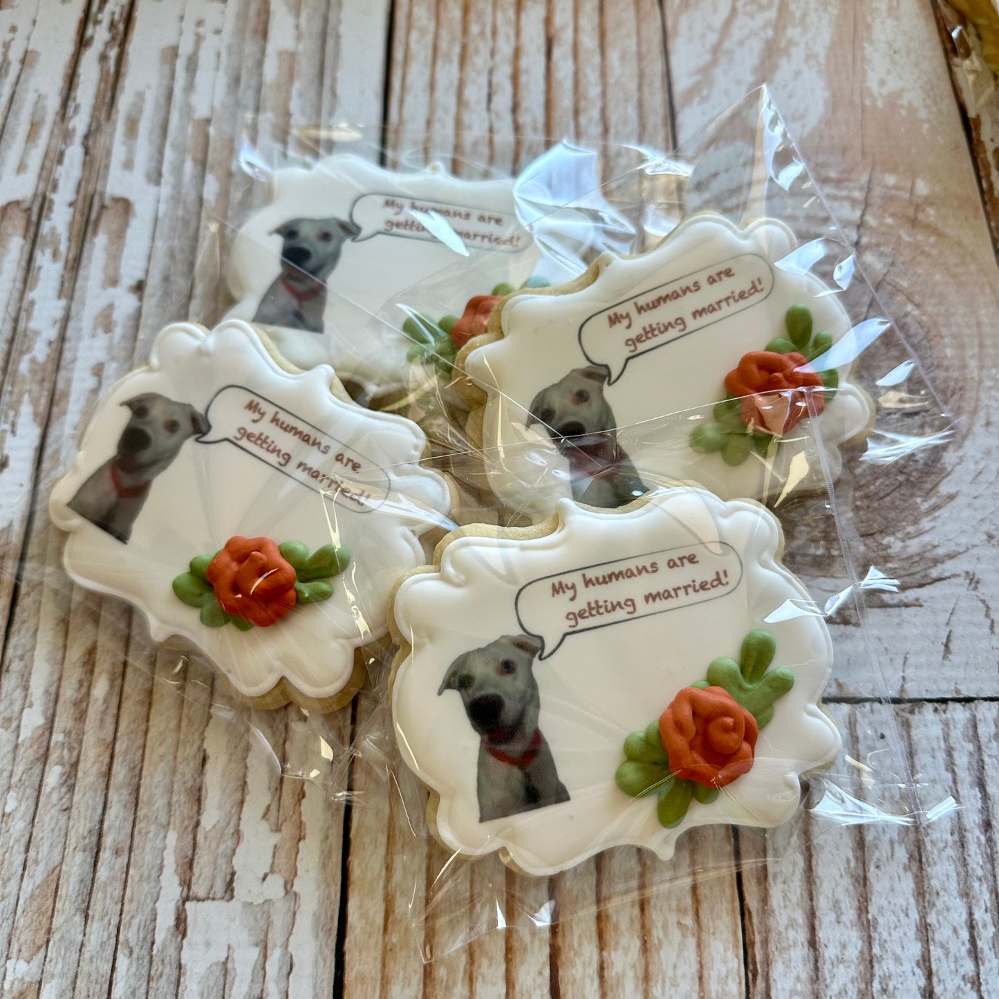 Plaque Shaped Floral Bridal Engagement Cookies w/Couple's Names & Wedding Date-- 12 Count