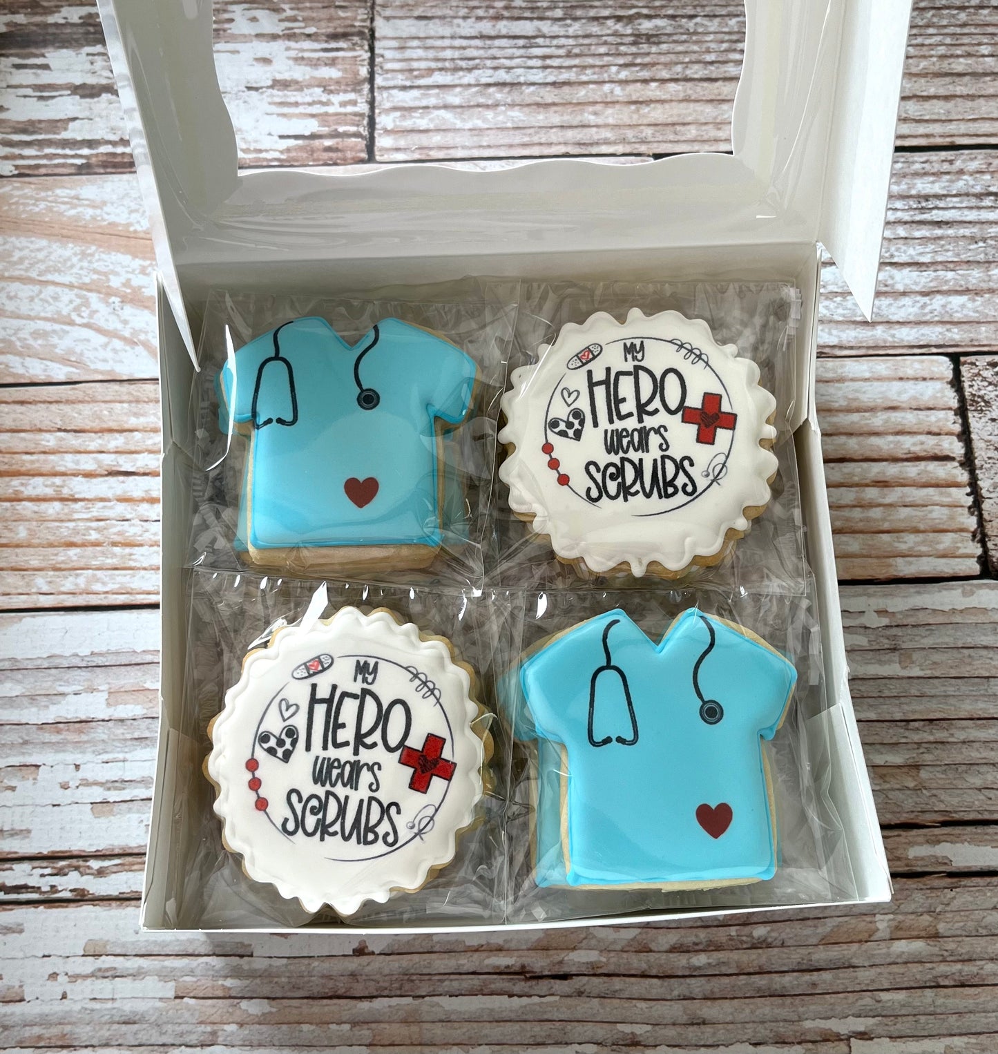 Medical Nurse or Doctor Scrub Top with Stethoscope + Healthcare Hero Themed Cookies--12 Count