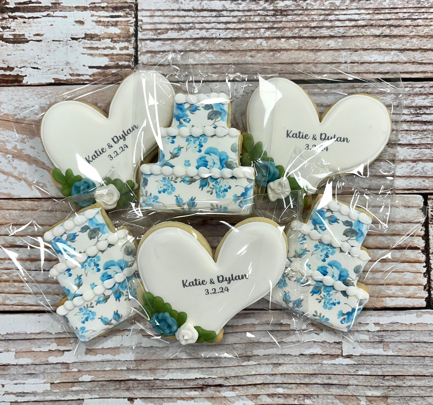 Floral Heart Bridal Engagement Cookies w/Couple's Names & Wedding Date & Wedding Cake-- 12 Count