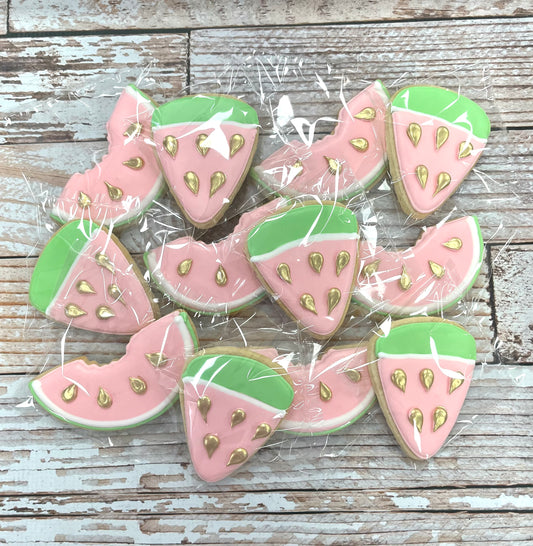 Watermelon Fruit w/Gold accents Themed Birthday Cookies--12 Count