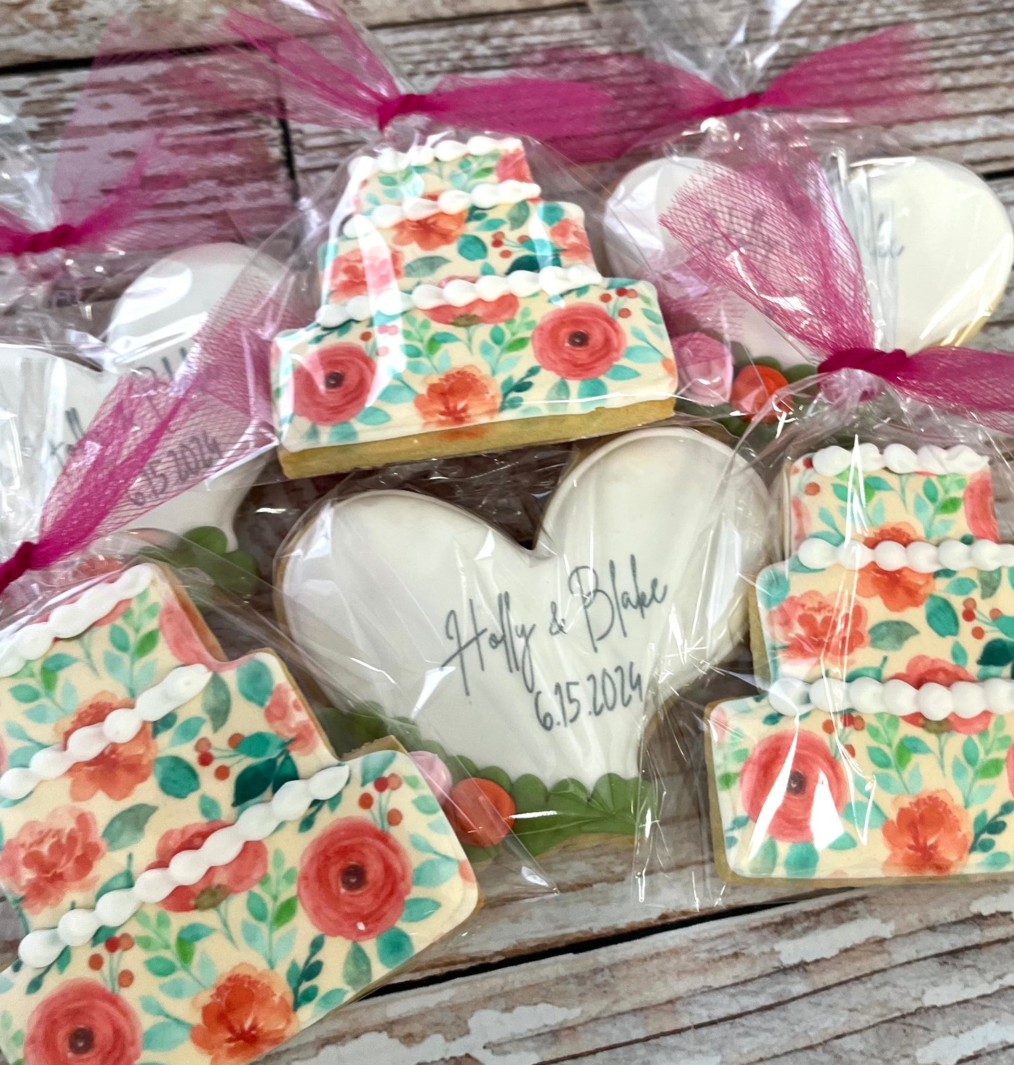 Floral Heart Bridal Engagement Cookies w/Couple's Names & Wedding Date & Wedding Cake-- 12 Count