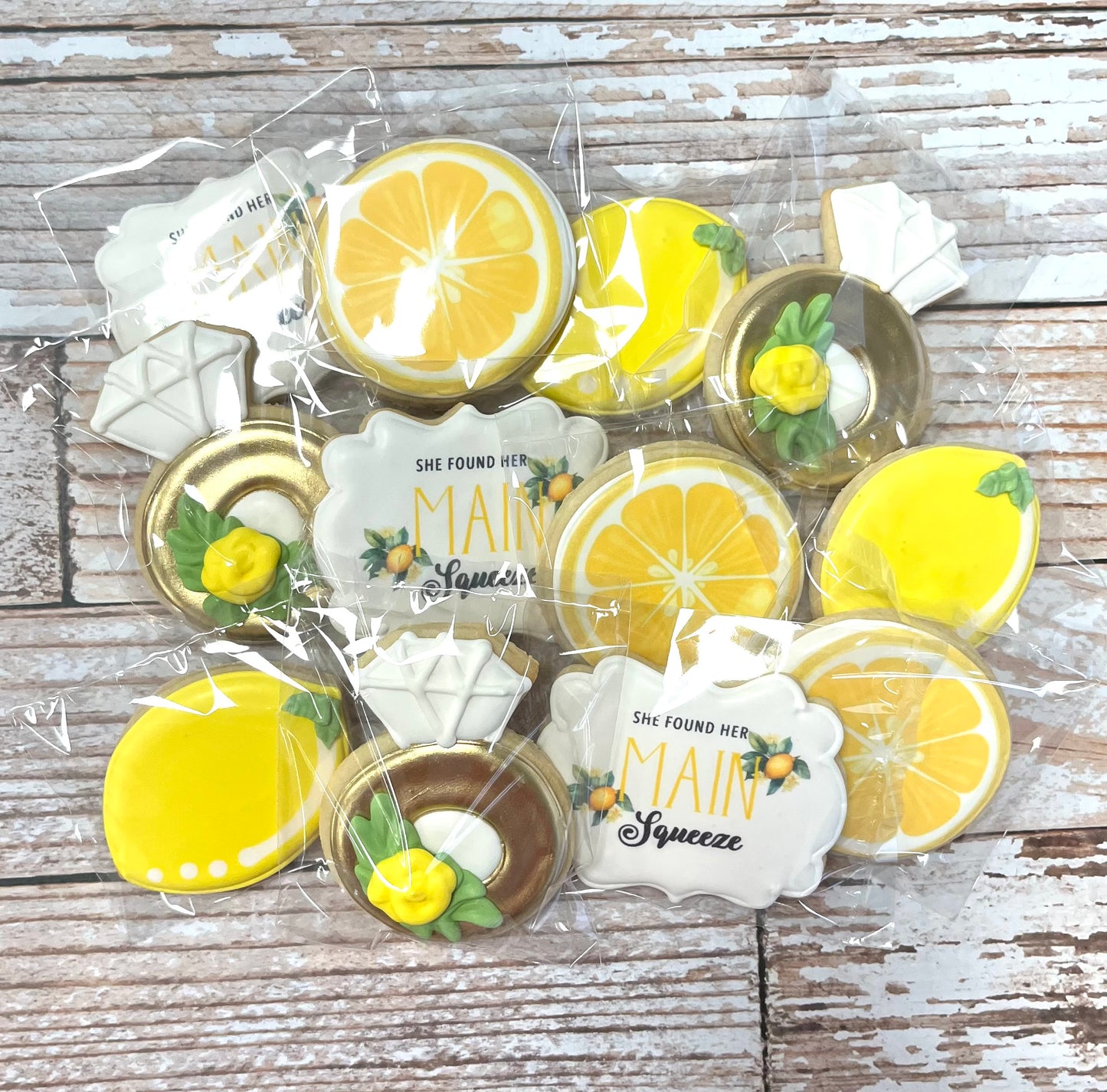 She Found her Main Squeeze Bridal Shower Lemon, Lemon Slices, Gold Wedding Rings w/Floral Detail Cookies -- 12 count