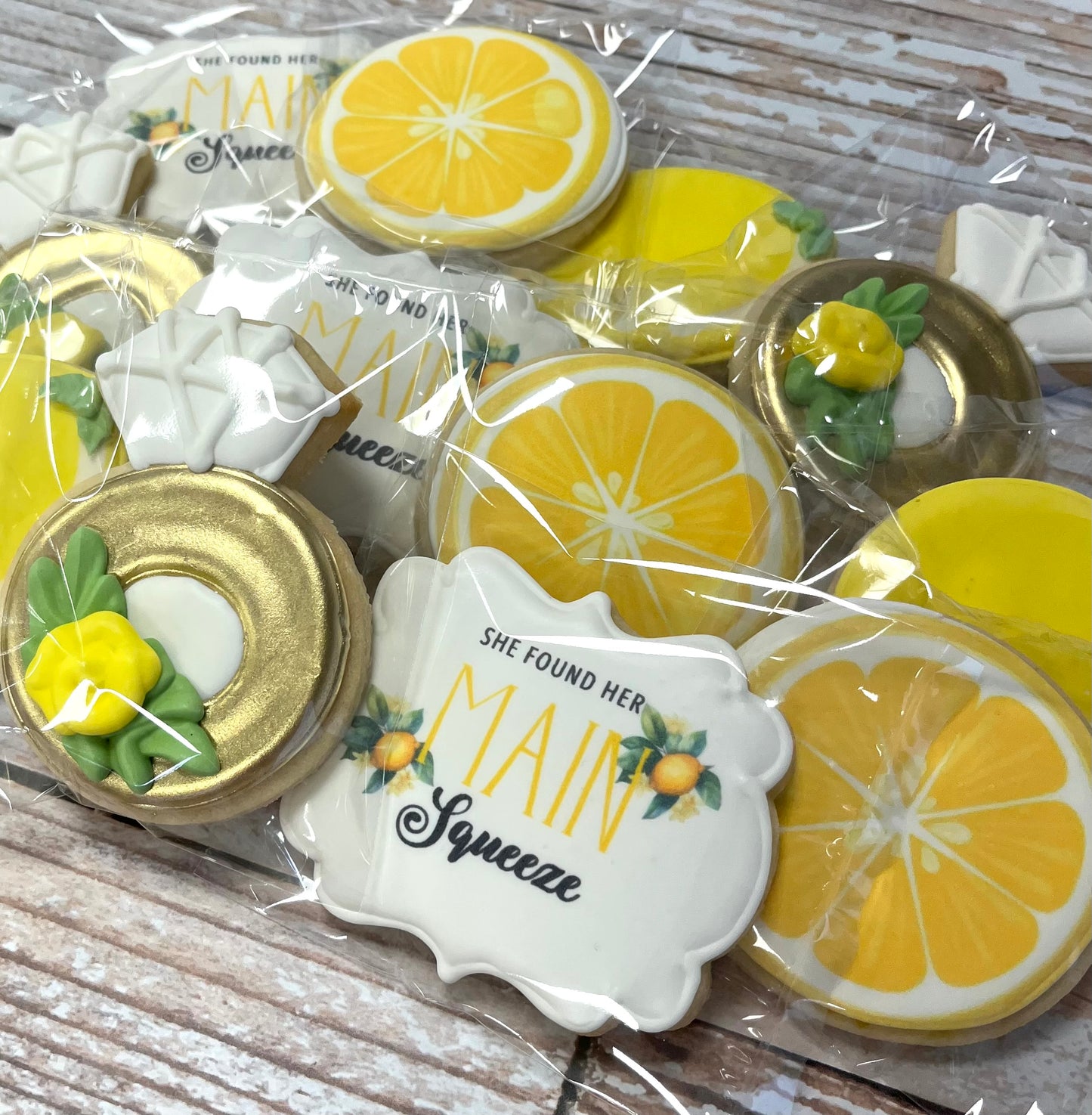She Found her Main Squeeze Bridal Shower Lemon, Lemon Slices, Gold Wedding Rings w/Floral Detail Cookies -- 12 count