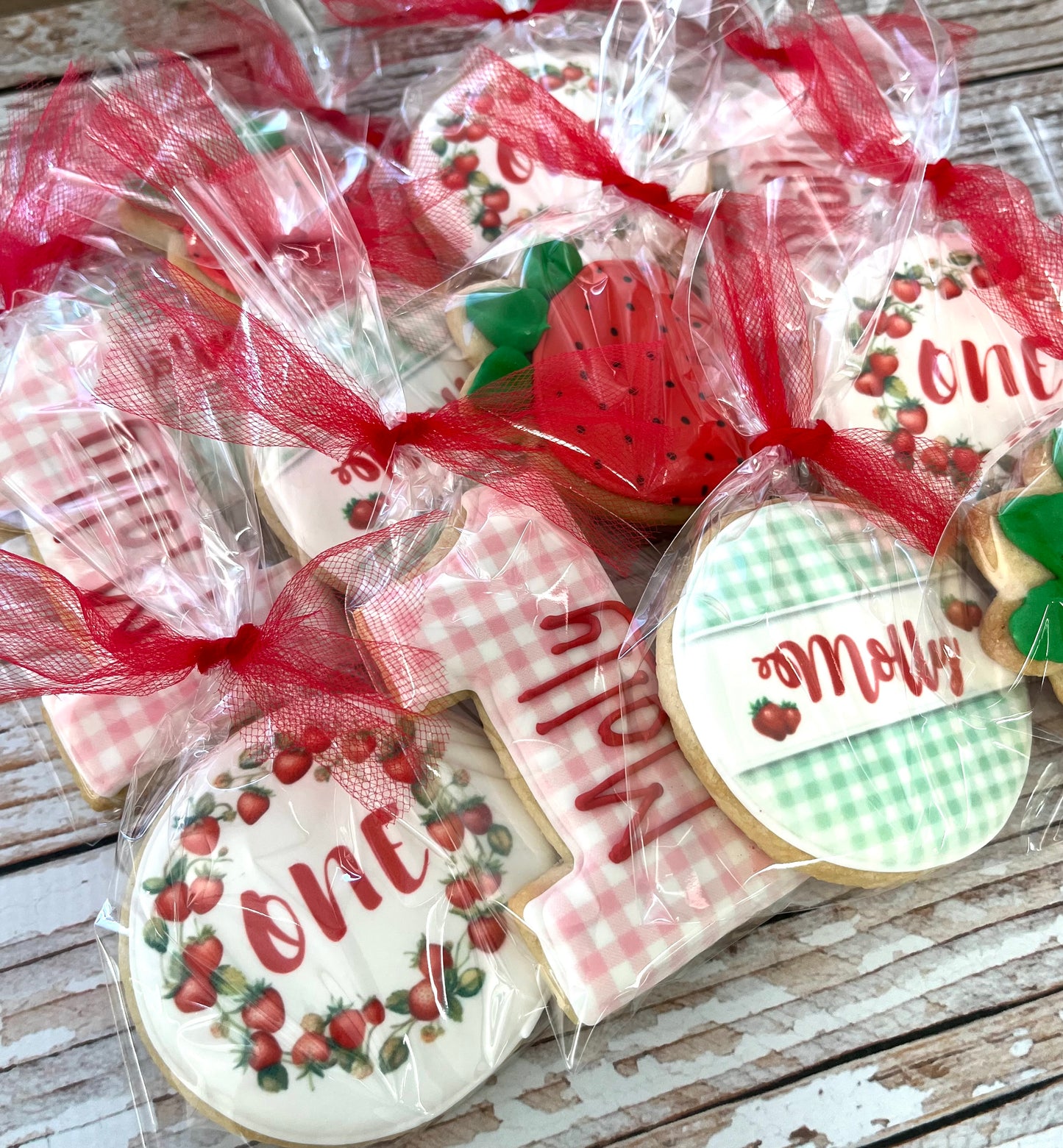 "Berry First Birthday" Berry Strawberry One w/gingham Red and Pink Strawberry Patch Cookies -12 Count