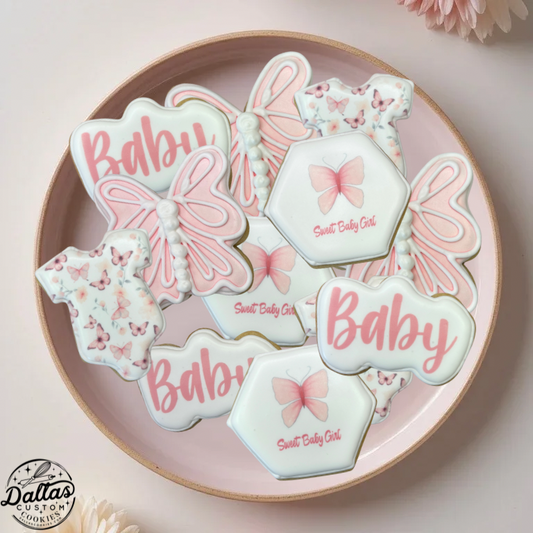 Sweet Baby Girl Butterfly Themed Pink Baby Shower Cookies--12 Count