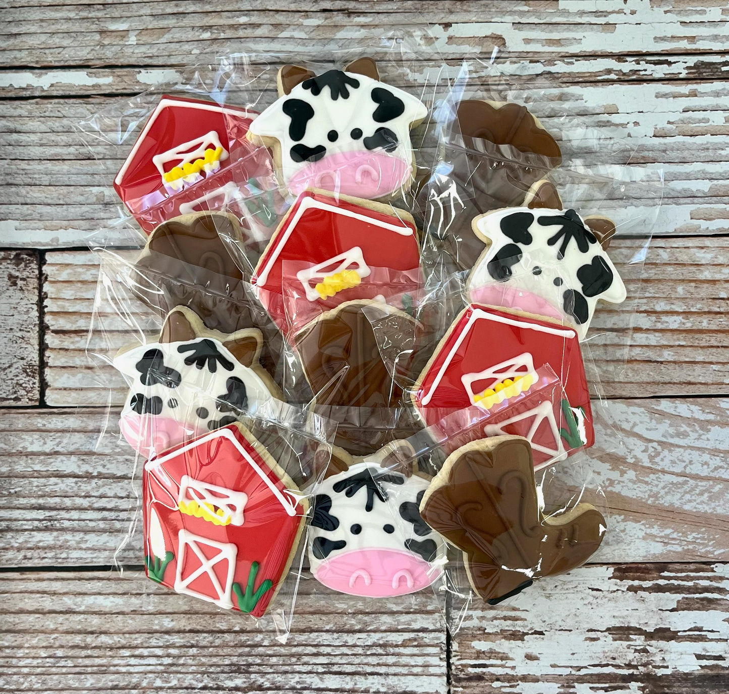 Hand decorated Farm Cow and Barn w/Boots Themed Cookies--12 Count