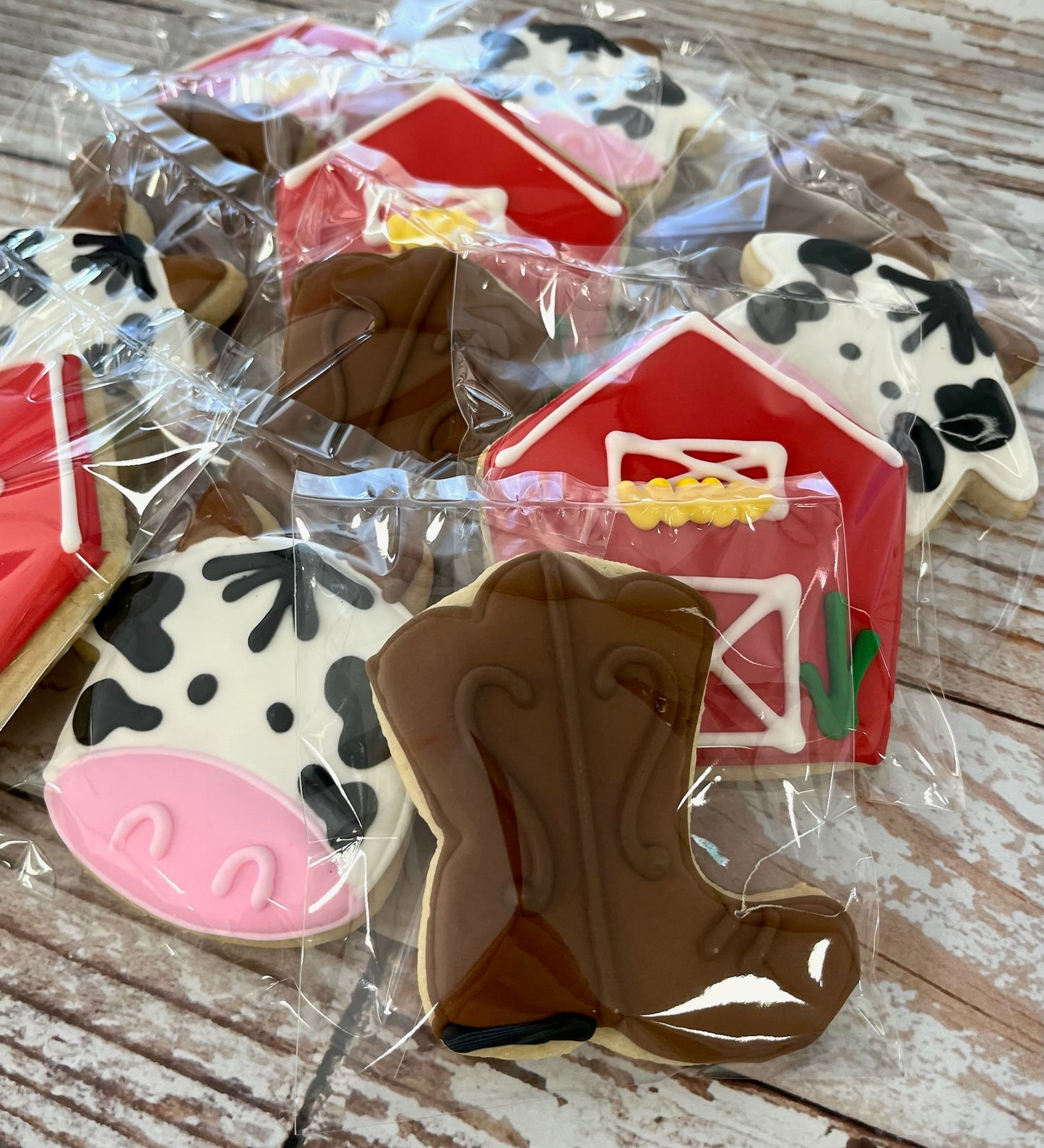 Hand decorated Farm Cow and Barn w/Boots Themed Cookies--12 Count