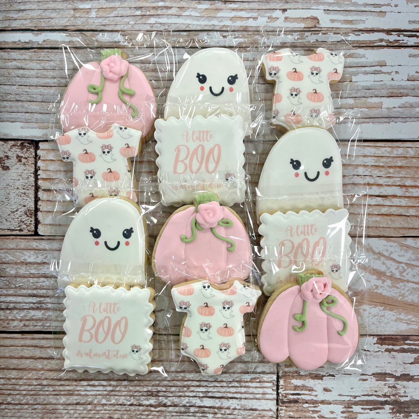 Pink Girl Cute Ghosts & Onesie Halloween Pumpkin Baby Shower Cookies A Little Boo is Due--12 Count