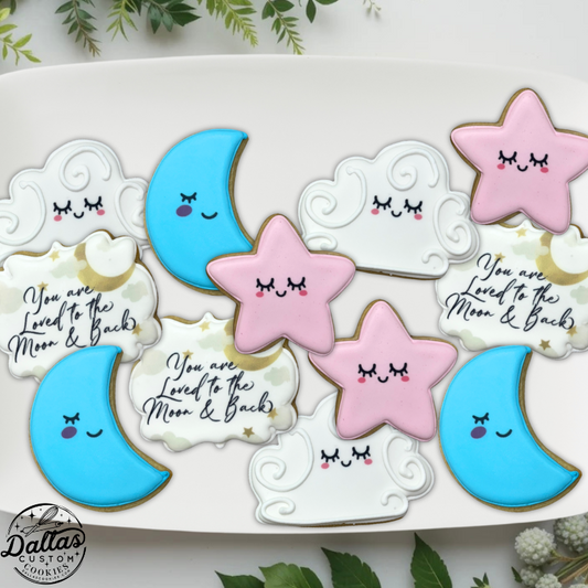 Moon Stars Loved to the Moon and Back Gender Reveal Gender Neutral Baby Shower Cookies--12 Count