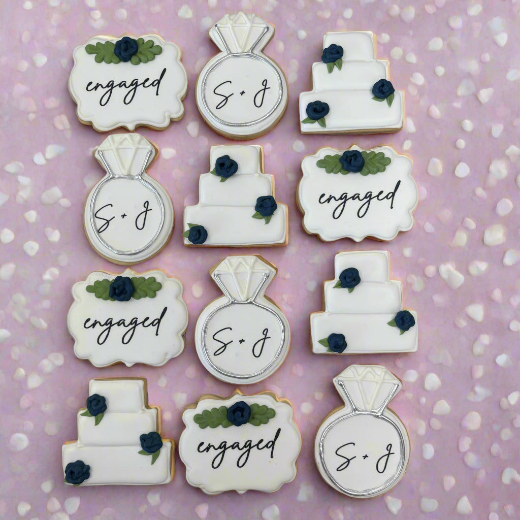 Hand Decorated Engagement Wedding Rings w/monogram Engagement Rings in Gold or Silver, Plaque, Wedding Cake--12 Count