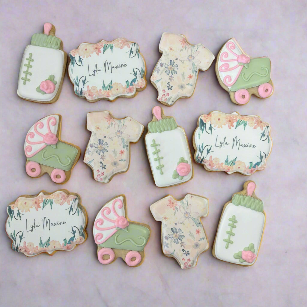 Baby Shower Cookies w/Custom Accent Colors and Name Plaque--12 Count