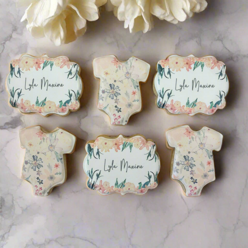Custom Patterned Onesie and Custom Baby's Name Plaque Shower Cookies--12 Count