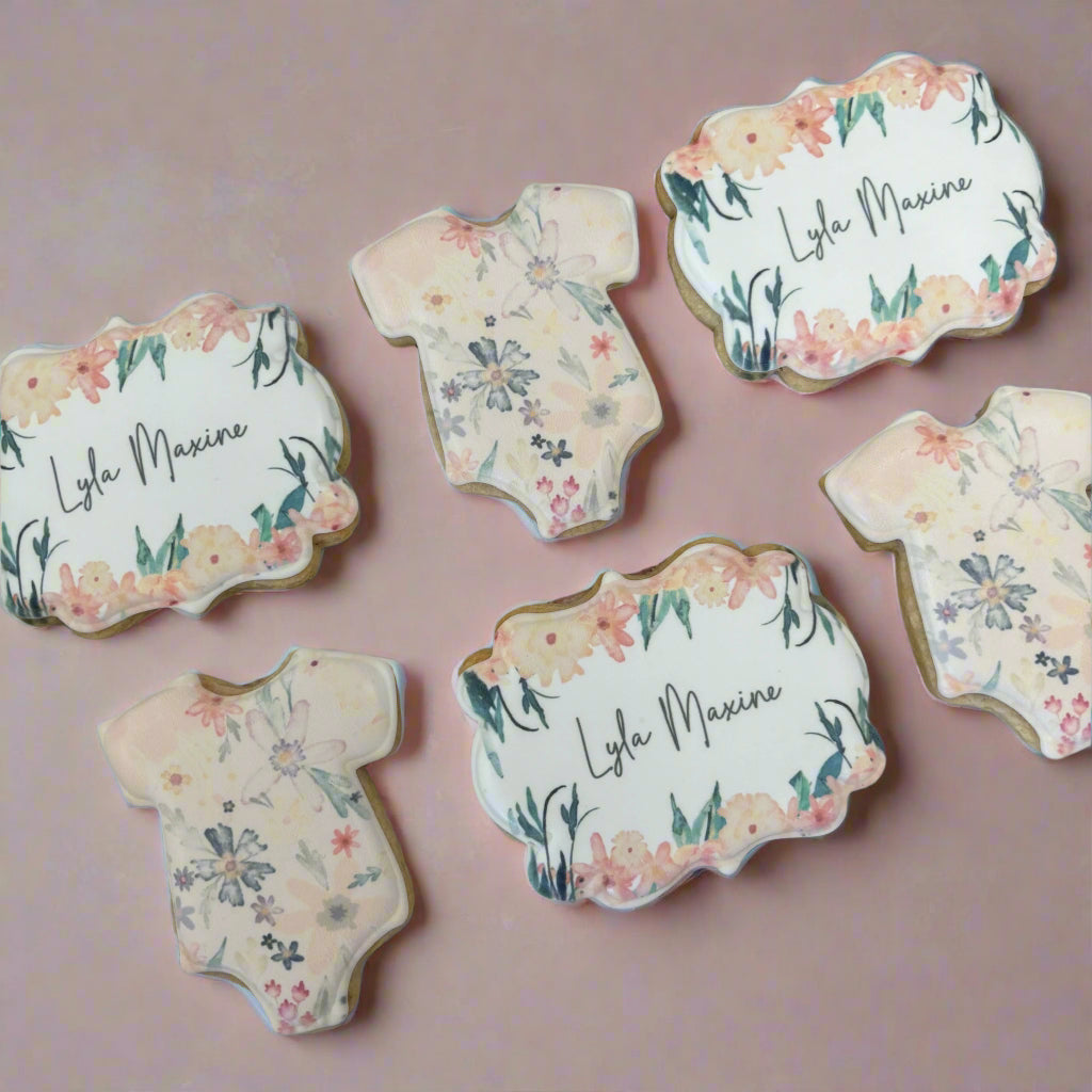 Custom Patterned Onesie and Custom Baby's Name Plaque Shower Cookies--12 Count