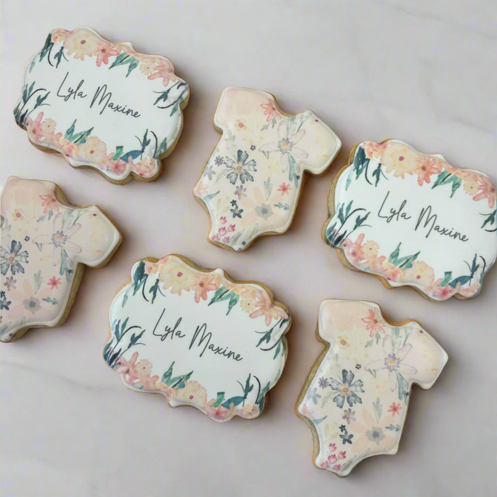 Custom Patterned Onesie and Custom Baby's Name Plaque Shower Cookies--12 Count