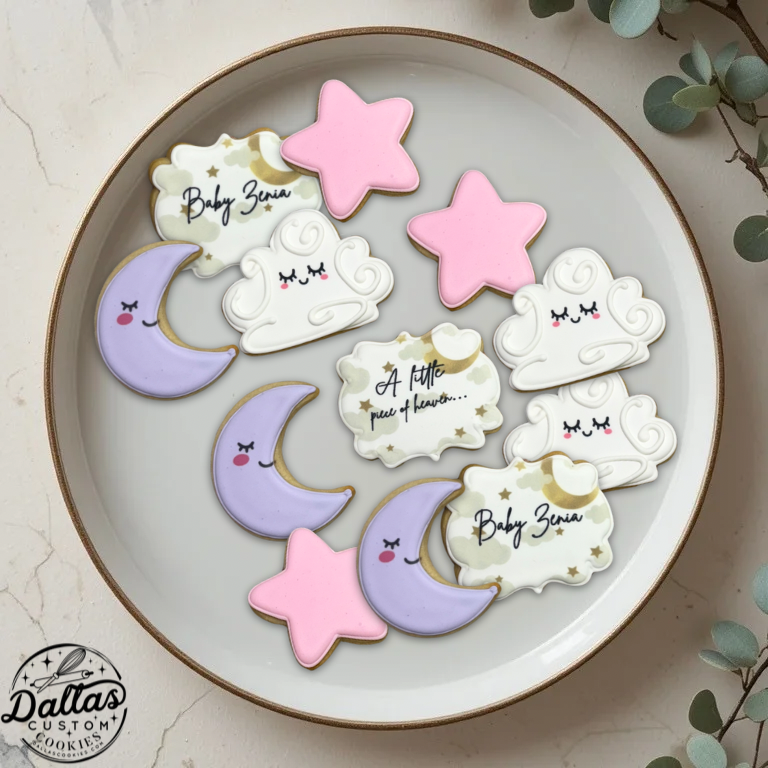 Moon Stars Clouds Pink Lilac Pastel Baby Shower Cookies--12 Count