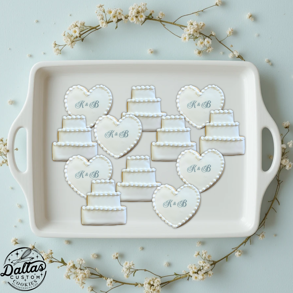 Decorative Scalloped Edge Hand Decorated Hearts w/initials + 3 Tier Wedding Cake Engagement Wedding Cookies--12 Count