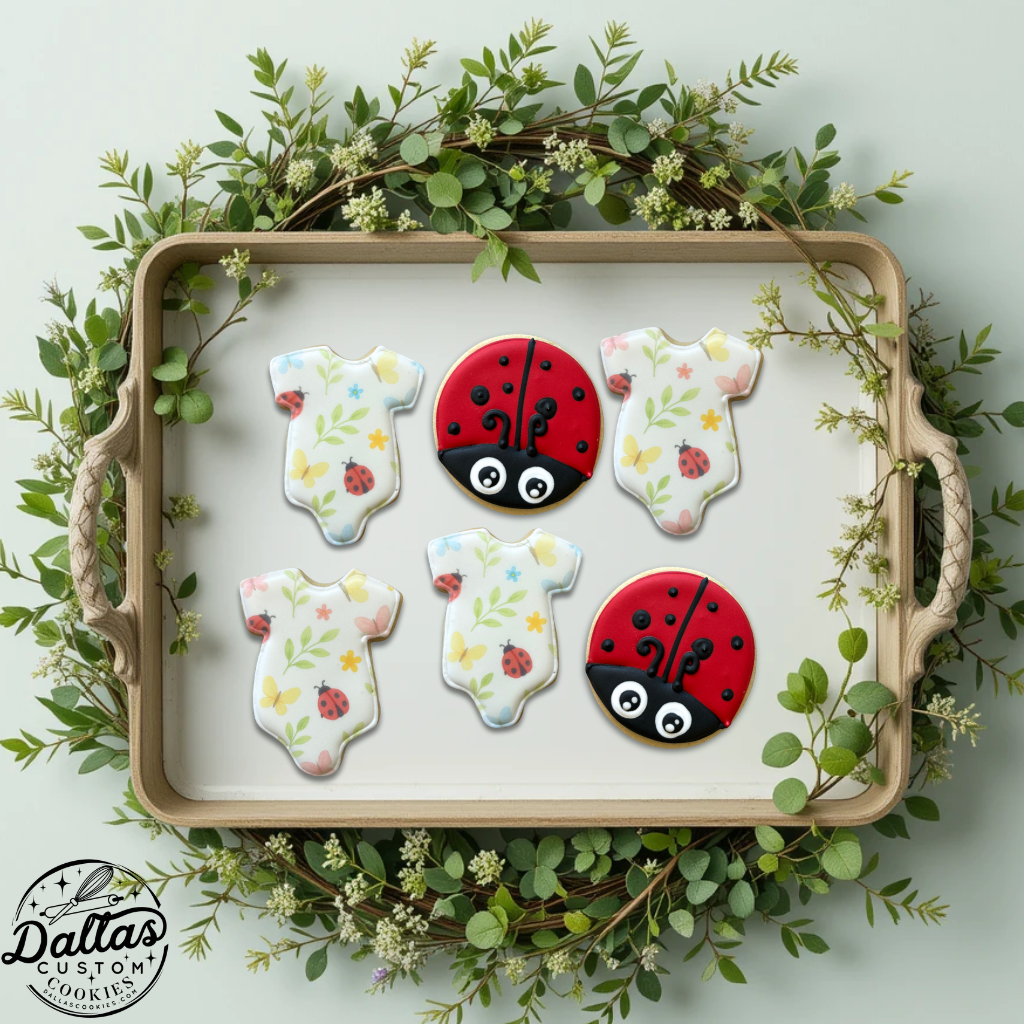 Gender Neutral Onesies + Ladybug Themed "A Little Love Bug is on the Way" themed Baby Shower Cookies--12 Count