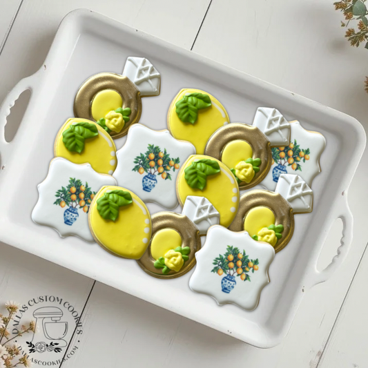 Blue Chinoiserie Pattern Vase Bridal Shower Lemon, Gold Wedding Rings w/Floral Detail Cookies -- 12 count