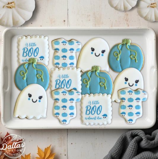 Blue Pumpkin Cute Ghosts & Onesie Halloween Pumpkin Baby Shower Cookies A Little Boo is Due Boy--12 Count