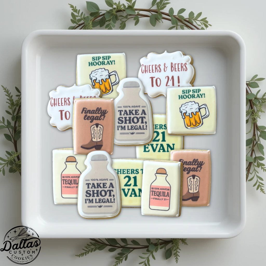 Masculine Cheers & Beers 21 and Finally Legal Sip Sip Hooray 21st Birthday Cookies Tequila themed Cookies Birthday Cookies Party Favor -- 12 Count
