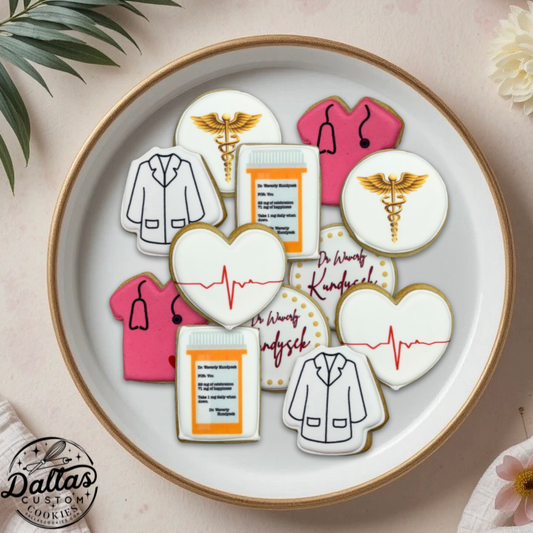 Custom Pink Nurse Doctor Scrub + Pill bottle w/message & Prescription Cute Get Well or Congrats Themed Cookies--12 Count